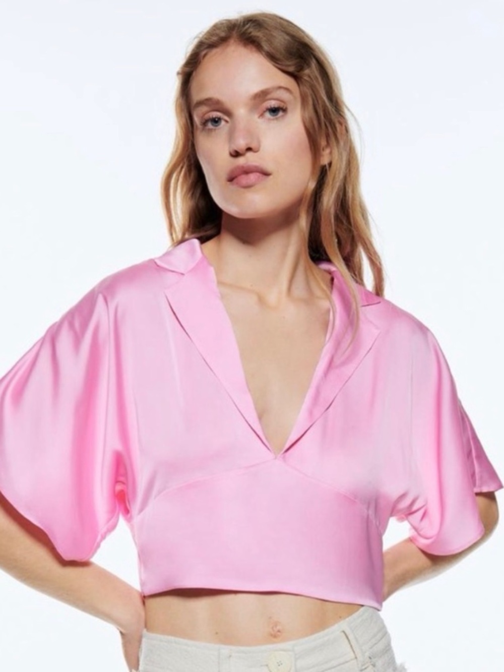 Zara Pink Satin Cropped Collared Blouse